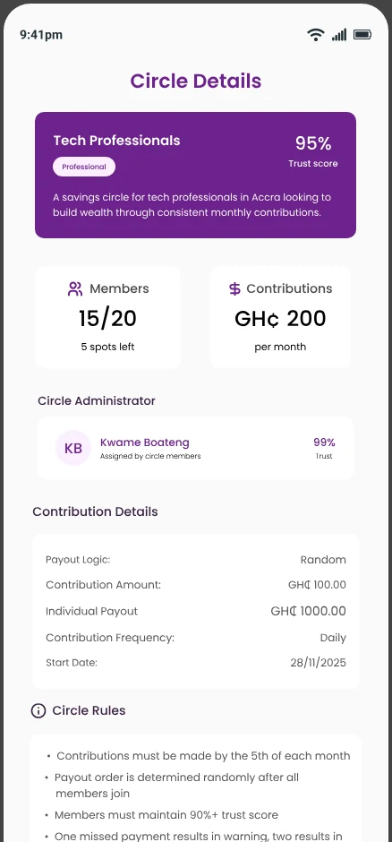Circle Details screen for Tech Professionals showing members, contributions, and circle rules
