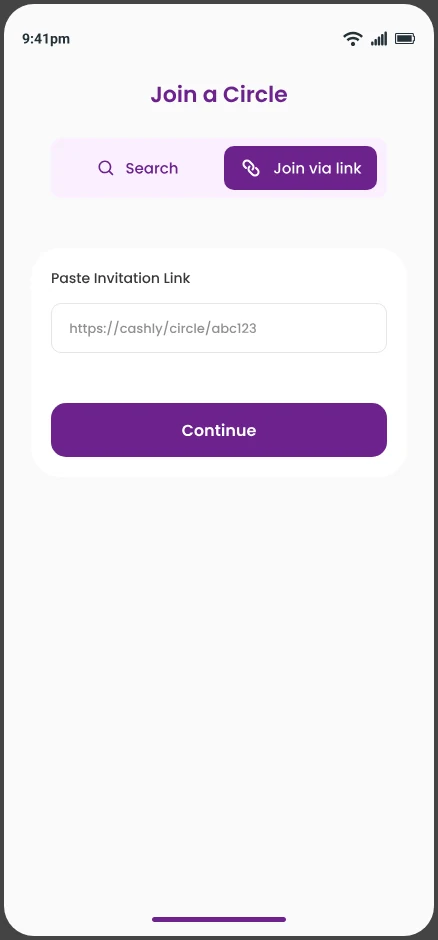 Join a Circle screen with an invitation link pasted in, ready to continue