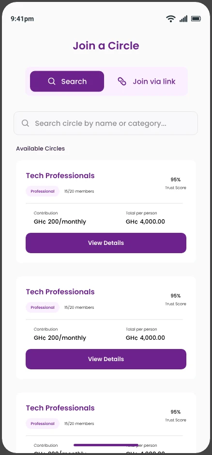 Join a Circle screen showing available circles to search or join via link
