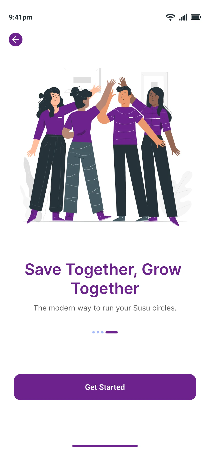 Cashly onboarding screen: Save Together, Grow Together — the modern way to run your Susu circles